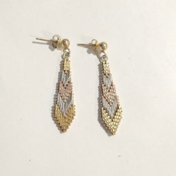 14k yellow rose gold Sterling Silver 925 Dangle Drop Earrings Tri Tone Posts - Picture 4 of 7